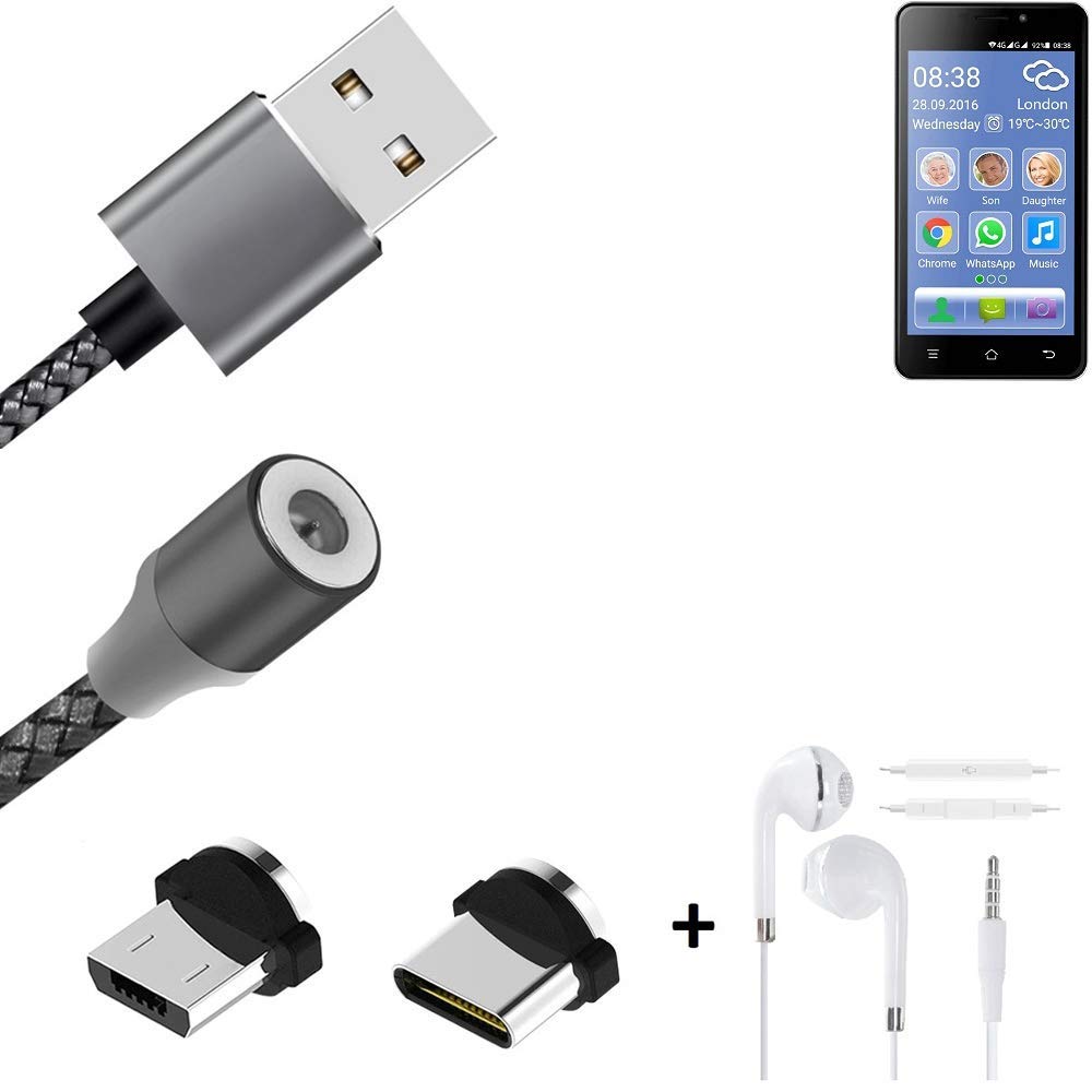 K-S-Trade Magnetic Charging Cable Sync Cable Data Cable + Earphones Compatible With Switel ESmart M2 With USB Type C Connector And Micro USB Connector 2A Up To 480mbps