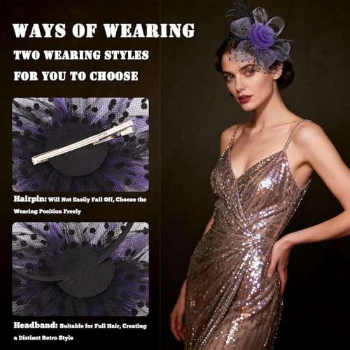 Image of DRESHOW Fascinators Hat Flower Mesh Ribbons Feathers on a Headband and a Clip Tea Party Headwear for Girls and Women