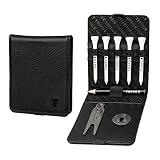 TORRO Golfzubehör-Set – Golfzubehör-Geldbörse aus echtem Leder, inklusive gebürstetem Metall-Divot-Reparaturwerkzeug und Ballmarker, 5 x 70 mm Bambus-Golf-Tees und Bleistift (Schwarz)