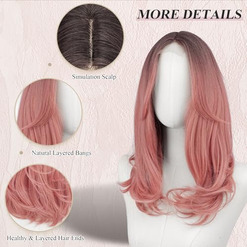 Image of FESHFEN Lace Front Hairline Wigs with Bangs, Synthetic Natural Looking Long Layered Straight Hair Wig for Women Daily Party Costume, 18 inch Ombre Pink