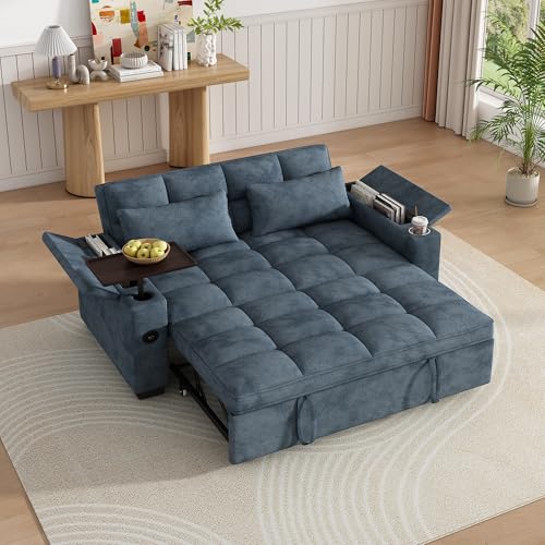 Image of Dreamzie 65'' Convertible Sleeper Sofa Bed with 90 Swivel Side Table, Chenille Pull Out Couch for Living Room, Loveseat Sleeper with Hidden Storage Space | Charging Port | Cup Holders, Blue