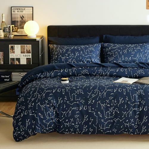 Wake In Cloud - Constellation Comforter Set Celestial Space Star Galaxy Astrology Soft Lightweight Bedding for Teen Kids Boys Girls 3 Pieces Navy Blue Queen Size