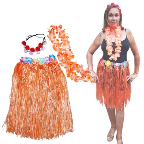 Fantasia Adulto Havaiana Festa Temática Tropical Luau Carnaval Hawaiana: Saia + Colar + 2 Tiaras Flo