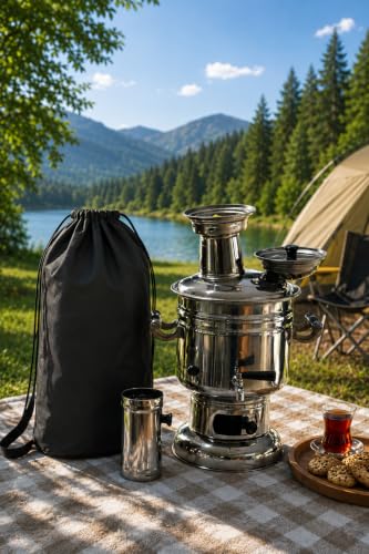 Paslanmaz Çelik Krom Semaver 4.5 L - Çantalı - Kömür & Odun Semaveri