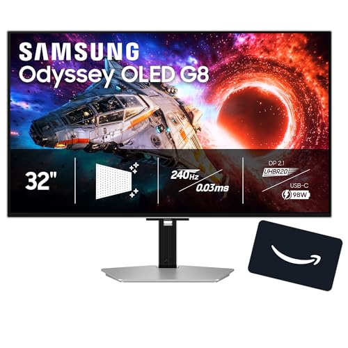 Image of Samsung 32 inch Odyssey OLED G8 (G80SH) Gaming Monitor + $300 Amazon Gift Card, QD-OLED, 4K Resolution, 240Hz, USB-C 96W, DP 2.1, 0.03ms, Glare Free, HAS /Tilt /Swivel /Pivot, 3 Year Warranty, LS32HG802SNXZA