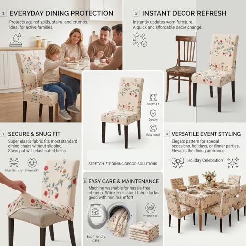Image of Styleys Dining Chair Cover with Table Covers for Kitchen Waterproof Dining Table Cloth (1 Table Cover + 6 Chair Cover, Beige Tulip Flower, CTSD3128)