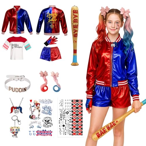 JrnSvp Costume Harley pour enfant, costume d'Halloween pour enfant, ensemble de 11 pièces pour fille, costume de carnaval pour enfant, costume de clown pour...