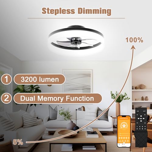 Image of VOLISUN Low Profile Ceiling Fans with Lights and Remote,15.7in Modern Ceiling Fan Flush Mount,3000K-6500K Dimmable Bladeless LED Fan Light,Black Fandelier Ceiling Fans with Lights for Bedroom