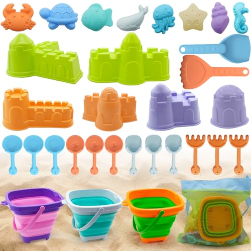 BNWRRCVKE Brinquedos de praia para crianças, conjunto de brinquedos de praia 31 unidade, jogos de praia crianças com cubo de praia dobrável, saco brinquedos praia malha, palhetas de praia, ancinho