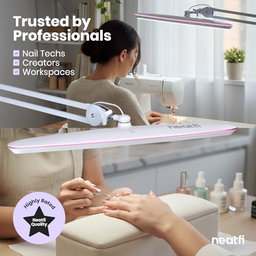 Image of Neatfi XL 2,200 Lumens 24W LED Desk Lamp - 23 inch Wide Shade | Dimmable Eye-Caring Task Light | Adjustable Arm | Home Office, Study, Crafts & Nail Tech (White with Pink Ring, Non-CCT with Clamp)