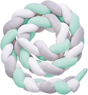 QINGLOU Tour de Lit Bébé Coussin Serpent Coussin Tressé Pare-chocs Velours Protection Bébé Sécurité 100% Fait à Main Doux et Souple (Blanc + vert + gris, 300cm)