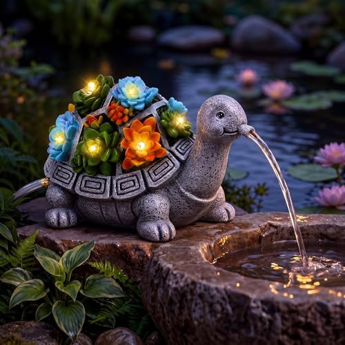 Jetec Solar Garden Statue Fountain Turtle Pond Water Spitter Aerator (Not Included Tubing) Lawn Decor Tortoise Statue with Succulent & LED Lights for Outdoor Patio Yard Ponds Decor Ideal Gift