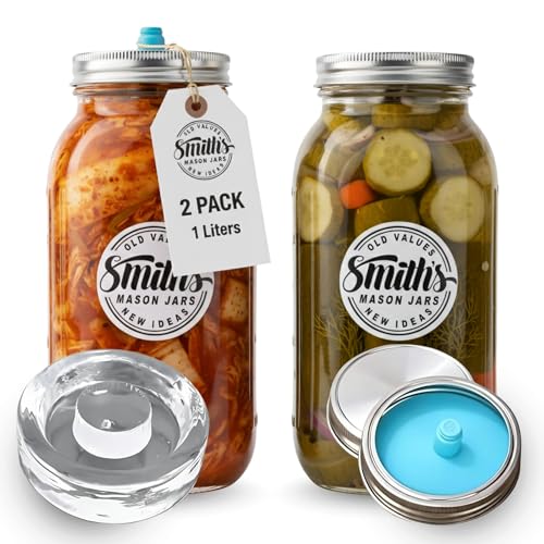 Smiths Mason Jars Fermentierglas 1L - 2er-Pack Fermentiergläser Fermentierglas mit gärventil für Kimchi Sauerkraut Pickles & Sauerteigstarter Fermentierset - Fermentationsglas Kimchi Behälter