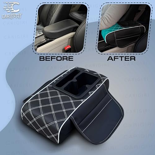 Image of Carigiri Nappa Leatherette,Foam ComfiRest Pro Car Armrest Cushion with Cup Holder| Arm Cushion| Universal for All Cars|Armrest with Mobile Holder (White,Utility Pockets,Dual Cup Holder,Mobile Holder)