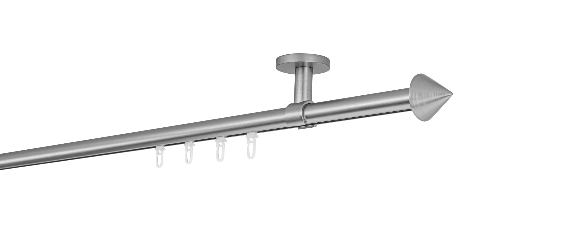 Gardinenstange auf Maß Innenlauf 20mm Spitze 1-lauf Vorhangstange Deckenträger 4cm Stilgarnitur mit Gleiter für Vorhänge Edelstahl-Optik 230cm