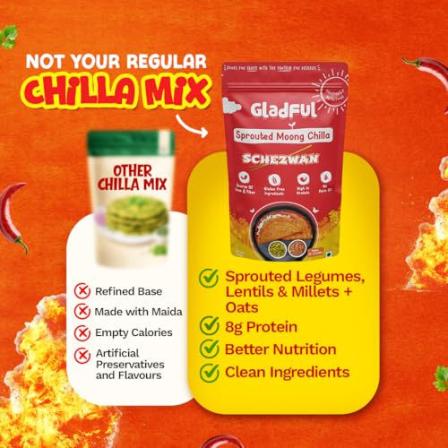 Image of Gladful Schezwan Chilla Mix - Low GI, Diabetes-Friendly & Gluten-Free - No Maida, Palm Oil & Trans-Fat - Vegan & High-Protein Chilla /Dosa Mix - Anytime Snack for Kids & Family - Pack of 1 (200g)