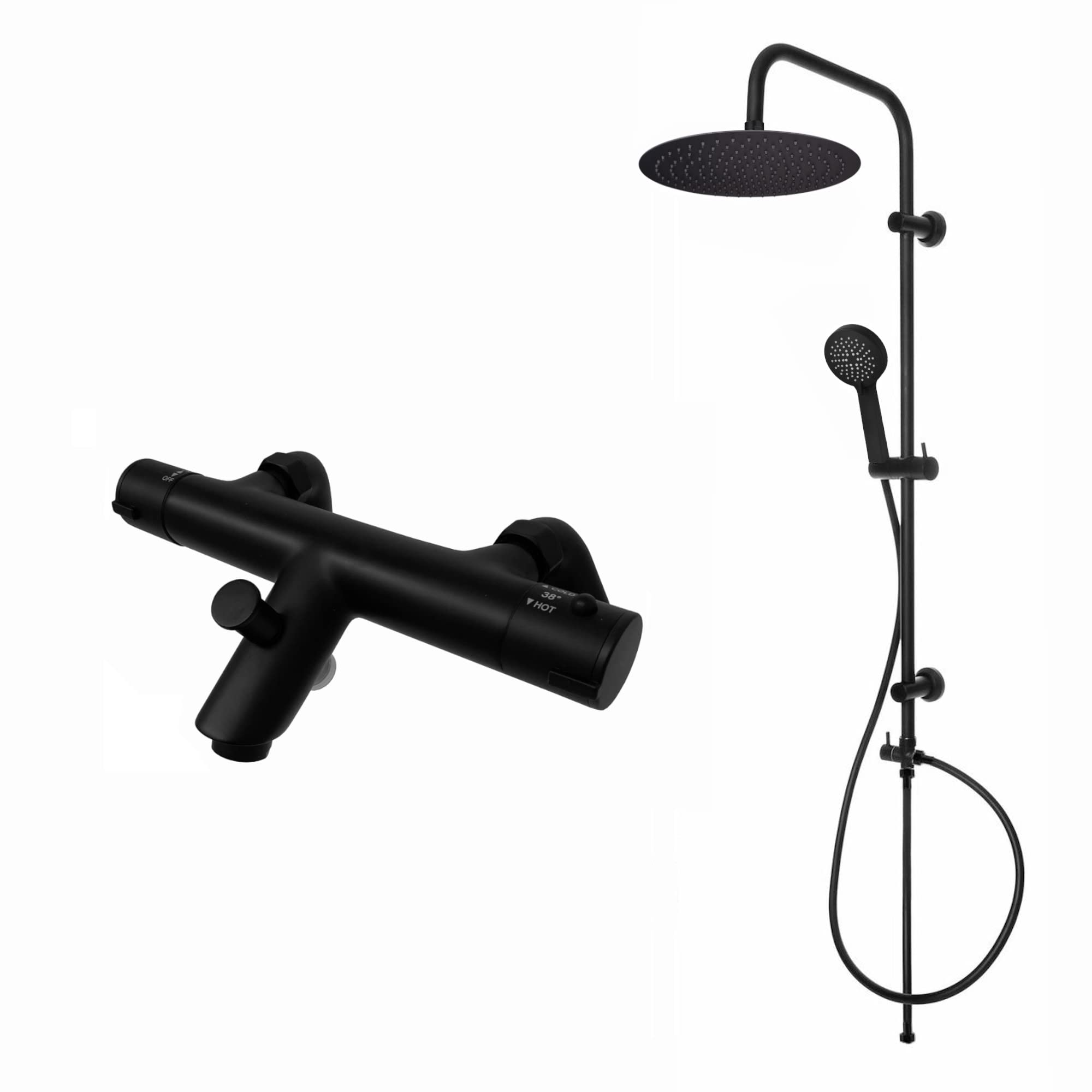 Enki Black Dune, Bbt0250, Thermostatic Bath Shower Mixer Valve With Dual Rigid Riser Kit, Large 300Mm Ultra Slim Overhead Shower & Multi Hand Shower, Anti-Scald Device, Modern, 1-Year Guarantee