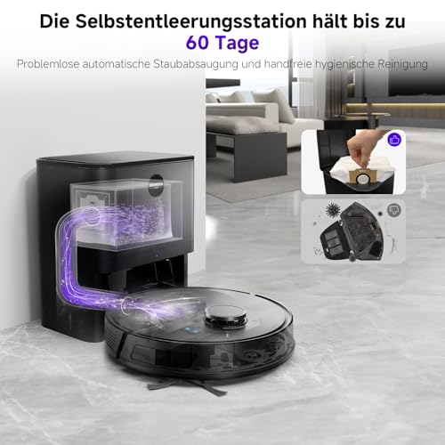 MONSGA Saugroboter mit Wischfunktion, 3.5L Staubsauger Roboter mit Absaugstation, 5000Pa Saugkraft, 180Min Laufzeit, LiDAR Navigation, Starke Saugkraft ideal für Teppich und Tierhaare, APP Steuerung – Bild 6