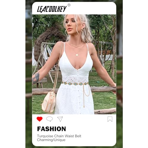 Image of LEACOOLKEY Women Turquoise Concho Chain Waist Belt Silver Western Cowgirl Metal Chain Belt for Dress Adjustable