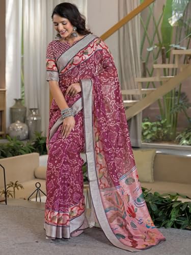 Image of Satrani Women's Linen Printed & Embroidery Ready To Wear Saree with Unstitched Blouse Piece