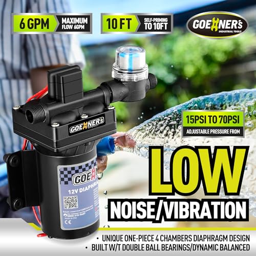 [Upgraded Version] RV Fresh Water Pump, 12V DC Water Pump, 6GPM 70PSI Self-Priming Diaphragm Water Pump with Pressure Switch and Strainer for RV, Marine, Yacht, Caravan - Thumbnail 2