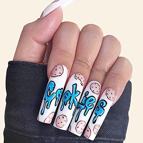 Vaveah 24 Pcs Press on Nails Coffin for Women, Extra Long Fake Nails Glue on Nails, False Nails with Glue (Cookie)