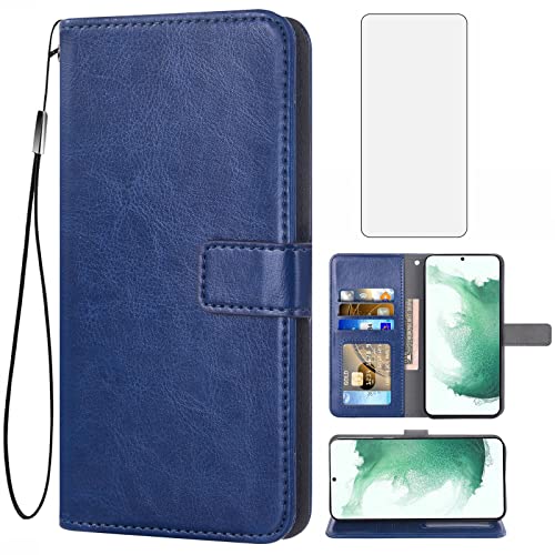 Étui portefeuille Galaxy S22 Plus Asuwish en cuir bleu avec protège-écran