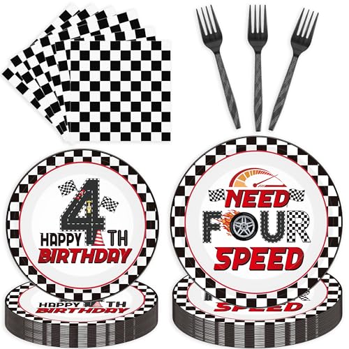 96 Pcs Need Four Speed Birthday Decorations Race Car Plates Napkins Forks for 24 Guests 4th Birthday Tableware Set Party Supplies for Boys