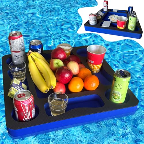 RAMIEYOO Floating Pool Games Table for Adults - All-in-One Drink Holder & Refreshment Station for Pool, Beach, Hot Tub,Waterproof Cards Included,Summer Party Essentials (Black-Blue, 19 * 19 Inch)