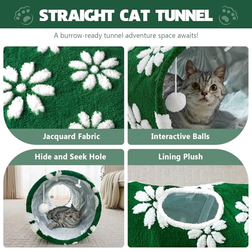 Image of Straight Cat Tunnel for Indoor Cats 47 inchx12 inch, Cute Cat Toys Collapsible Tunnel Tube with Balls for Puppy Kitten Rabbit, Green Flower