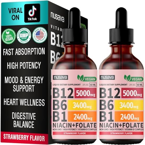 (2 Pack) Vitamin B12 and B6 Liquid Drops, B12 Sublingual Vitamin B Complex – B 12 Vitamin 5000mcg – B12 Methylcobalamin for Energy, Brain, and Heart Support with 27,200 mcg, Strawberry, 80 Servings