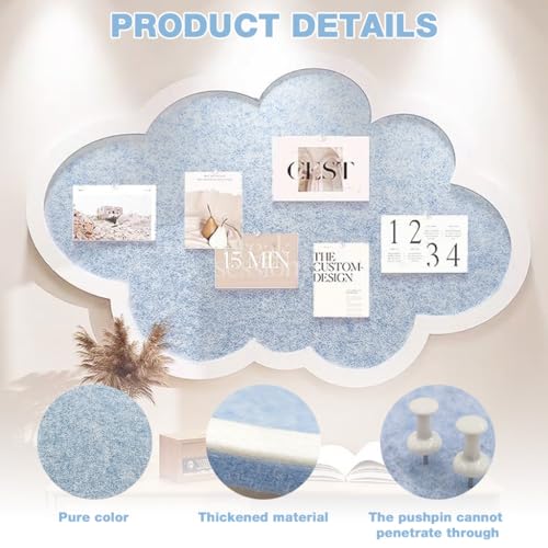Image of Cute Cloud Felt Bulletin Board for Wall, Self-Adhesive Pin Board with 30 Pushpins, Message Display Board for Notes Photos Office Home Decor (Blue)