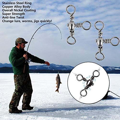 LAIBOREC Fishing Rolling Barrel Swivel Snap, 3 Way Ball Bearing Swivels T-Turn Cross-line Connector, 200PCS Stainless Steel Fishing Tackle Accessories Kit for Lure Rigs Saltwater Freshwater Drifting - Thumbnail 3