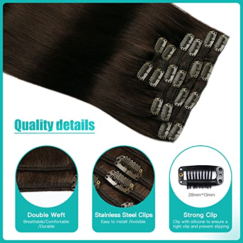 SURNEL Hair Extensions Clip in Real Human Hair 14inch 55cm #2 Dark Brown Thick Soft 6 Pcs Straight Human Hair Clip in Extensions Full Head Double Weft 100 Grams (C#2 - Image 2