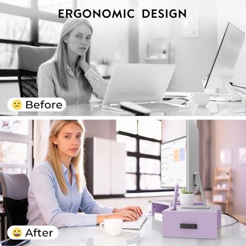 Image of BONTEC Dual Monitor Stand Riser with Smartphone Holder, Adjustable Length & Swivel Angle, Ergonomic Wooden Desktop Organizer for PC Monitor, Laptop, Printer, Large Storage, 42.5 in, Purple