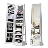 FOMNEY 360° Swivel Jewelry Armoire with LED Lights, 63' H Full Length Mirror with Jewelry Storage, Standing Jewelry Cabinet Organizer with Door Mirror, Large Jewelry Boxes & Organizers (White)