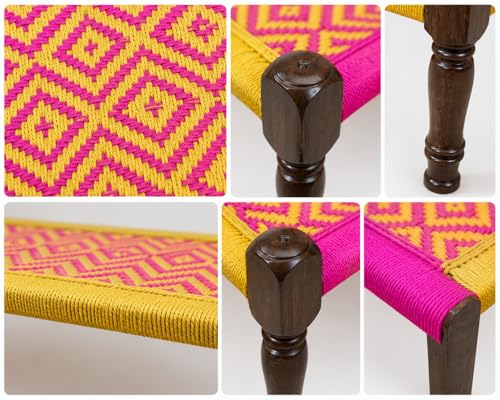 Image of Handwoven Wooden Bench | Traditional Rope Charpai Stool | Solid Wood Frame Seating for Living Room, Balcony & Outdoor | Durable & Stylish Design (Yellow & Pink Finish)