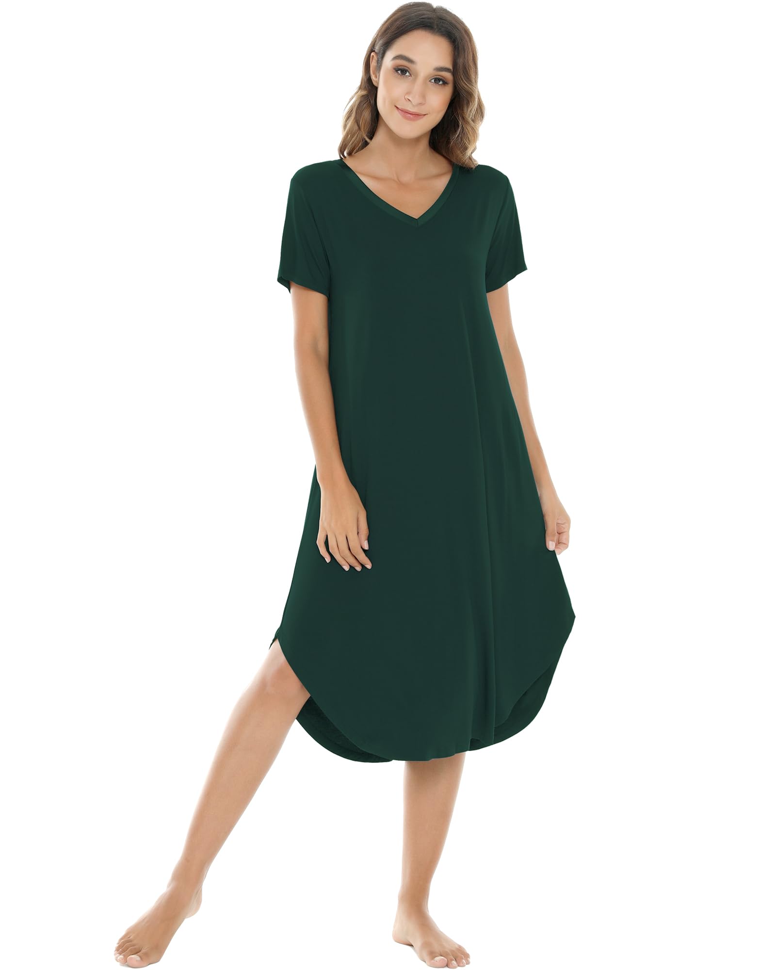 NACHILA Bamboo Viscose Nightgowns for Women Cooling Short Sleeve Sleepshirt | Soft V Neck Night Gowns, Moisture-Wicking Sleepwear for Hot Flashes &amp; Night Sweats, Ladies Nightshirts for Sleep, Home, Gift