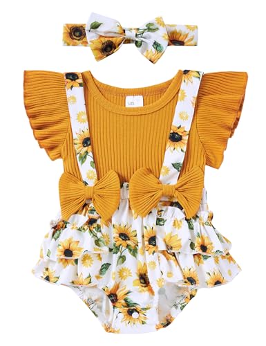 Image of UNICOMIDEA Newborn Girl Clothes 0-3 Months Outfit Daisy Print Baby Bodysuit with Headband Funny Short Sleeves Infant Girl Romper Suspender Bowknot Baby Girls Jumpsuit Size 3M