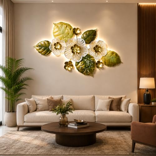 Image of Bharat Art Metal White Flower Wall Art with LED Light for Living Room | Handcrafted Iron Flower Wall Hanging Home Decoration for Bedroom, Hall, Office & Entrance | 47X2X24 | Tornado WD071 (B)