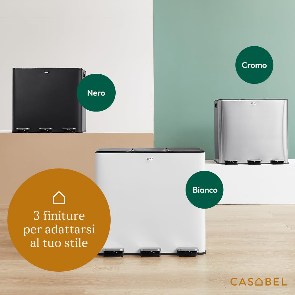CASABEL Pattumiera Differenziata 3 Scomparti 3x20L, in Acciaio Inox Nero, Secchio Spazzatura - Pattumiera da Cucina per Riciclaggio Rettangolare a Pedale - Bidoni Differenziata da Interno