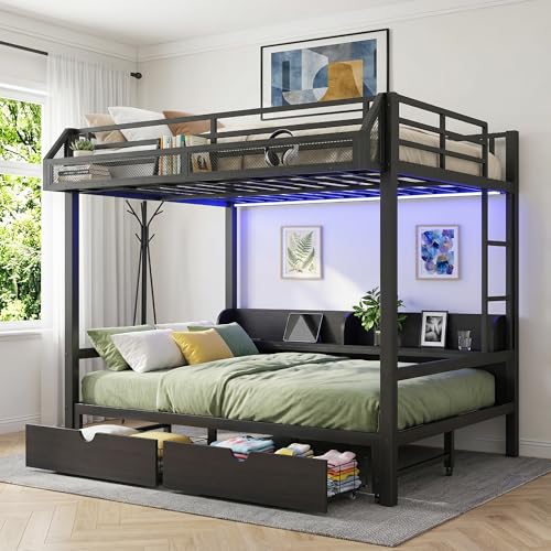 Firscook Queen Over Queen Bunk Bed with Storage Drawers and Shelves Heavy-Duty Metal Bunk Bed Frame with LED Lights and Charging Station Bunk Beds for Teens Adults No Box Spring Required Black