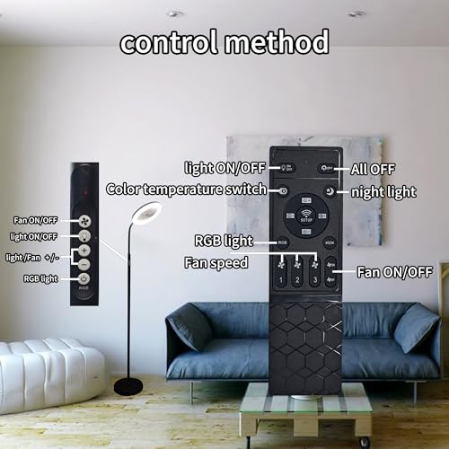 Image of Floor Fan with RGB Lights and Remote, 3 Speeds Standing Floor Lamps with Button, Vertical LED Fan, 3000K-6500K Stepless Dimming for Office Kid Room Bedroom, Adjustable Height