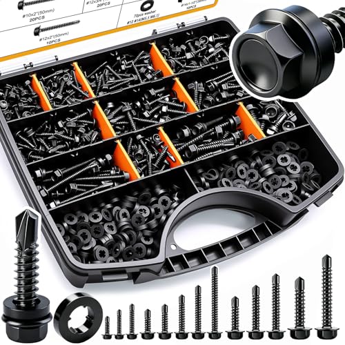 weideer 840pcs #14#12#10#8 Self Tapping Screws for Metal,410 Stainless Steel Screws Assortment Kit, Black Hex Washer Head Quick Tapping Screw with Rubber Washer (420 Sets) K-189-BK