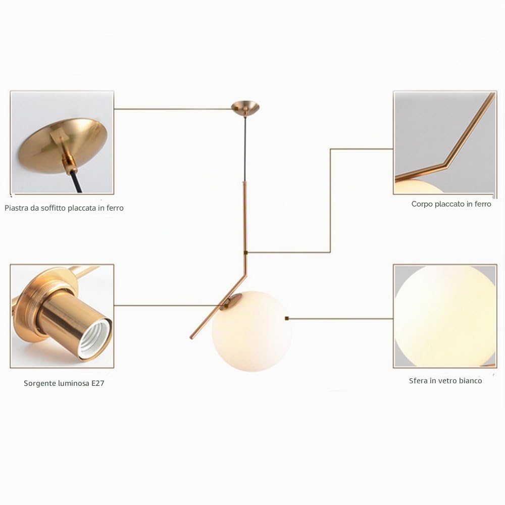 Lampada da soffitto moderna, lampada a sospensione sferica in ferro e vetro dorato, base a sospensione a lampadina E27 (30cm)