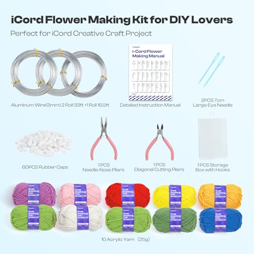 Image of Caydo i Cord Flower Making Kit with 20 Flowers & 4 Leaves Templates, 10pcs Yarn and 82ft Craft Wire Kits for Beginner, DIY Florals Handicraft Making Kit, Learn to Knitting iCord with i Cord Maker Tool