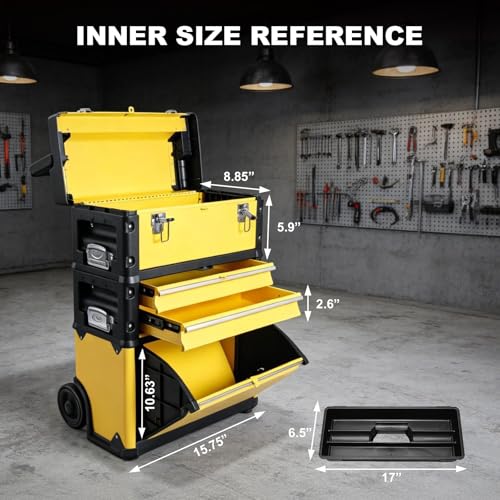 Image of Stackable Rolling Tool Box Portable Metal Toolbox Organizer with Wheels and 2 Drawers Separate Rolling Upright Trolley Tool Chest for Garage or Workshop,Yellow