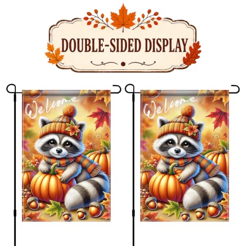 Image of BlissYard Fall Garden Flag 12x18 Inch Cute Raccoon Pumpkin Welcome Decor | Double sided polyester, fall raccoon pumpkin design, cozy woodland decor for Thanksgiving porch and yard