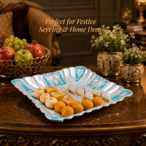 Image of Diviniti Blue German Silver Decorative Tray for Home Decor | Luxury Square Silver Plated Serving Tray for Dry Fruits, Sweets & Fruits | Floral Embossed Gift Platter with Premium Box