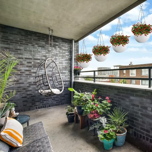 Image of Tdas Artificial Hanging Flowers with Basket Plants Leaves Home Decor for Outdoor Balcony Yard Patio Garden Porch Deck Autumn Faux Fake Realistic Spring Decoration - 60 cm (Red)